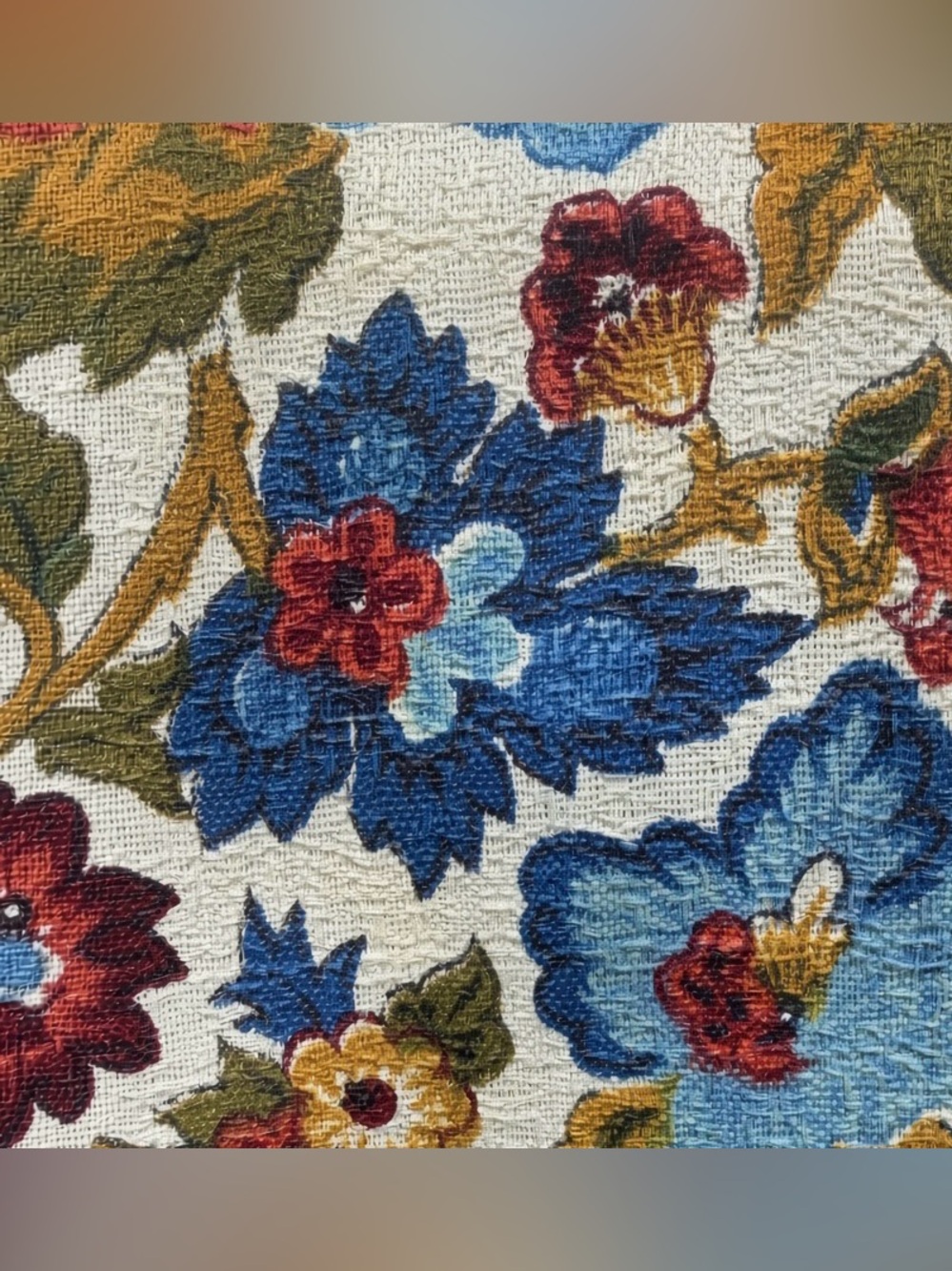 Vtg Floral Barkcloth Fabric 1 yd Blue Red Gold Cream Drapery mid century upholst